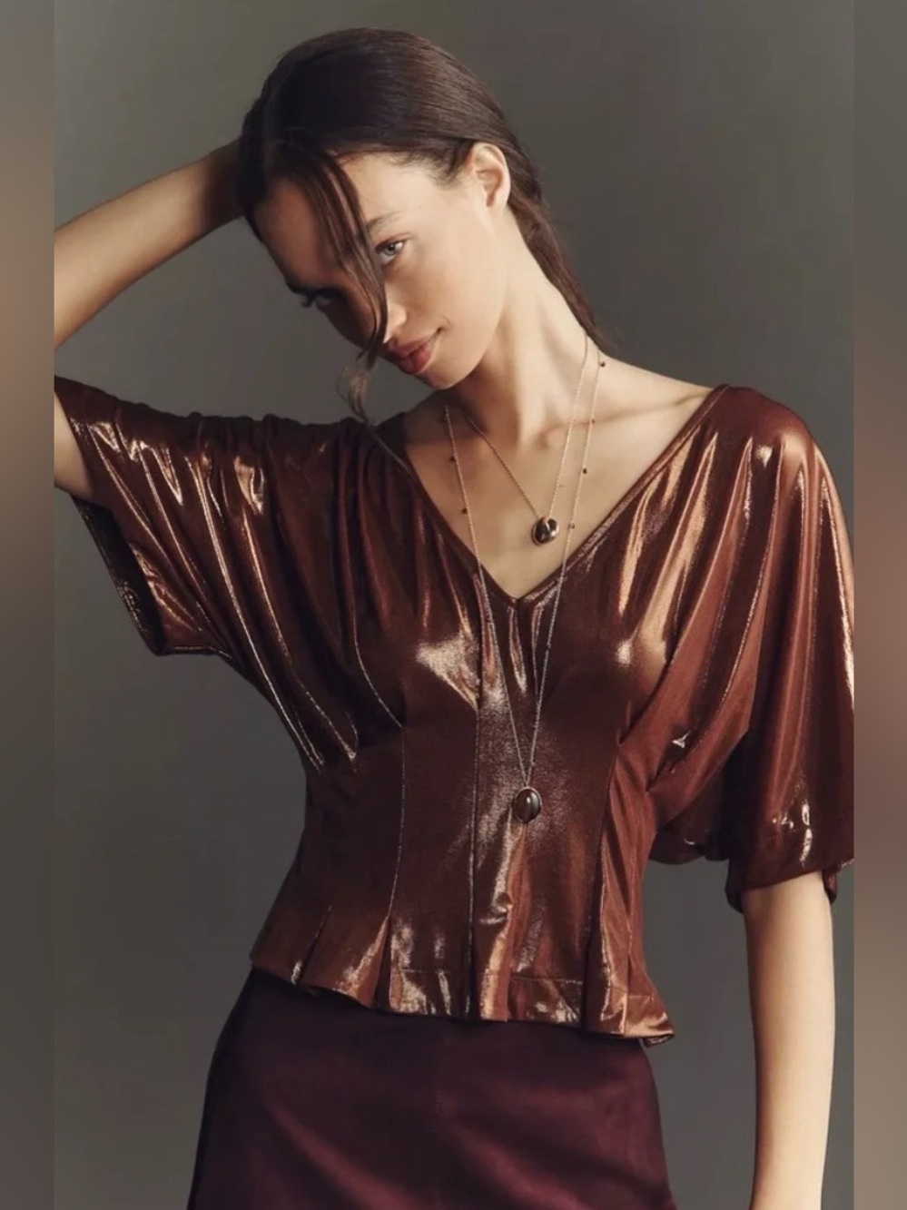 Anthropologie Maeve Shimmery Metallic Brown V-Neck Blouse (NWT)